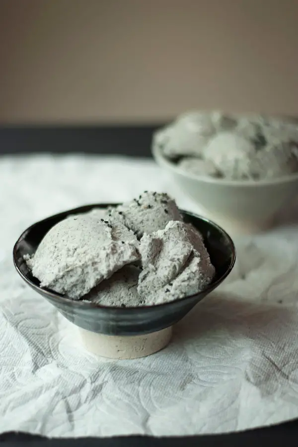 Home made soft serve ice cream flavored with black sesame seeds.