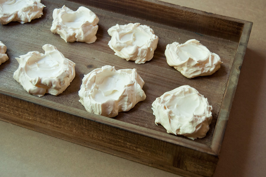 preparing to bake the pavlova meringue shells for the mini pavlova recipe.