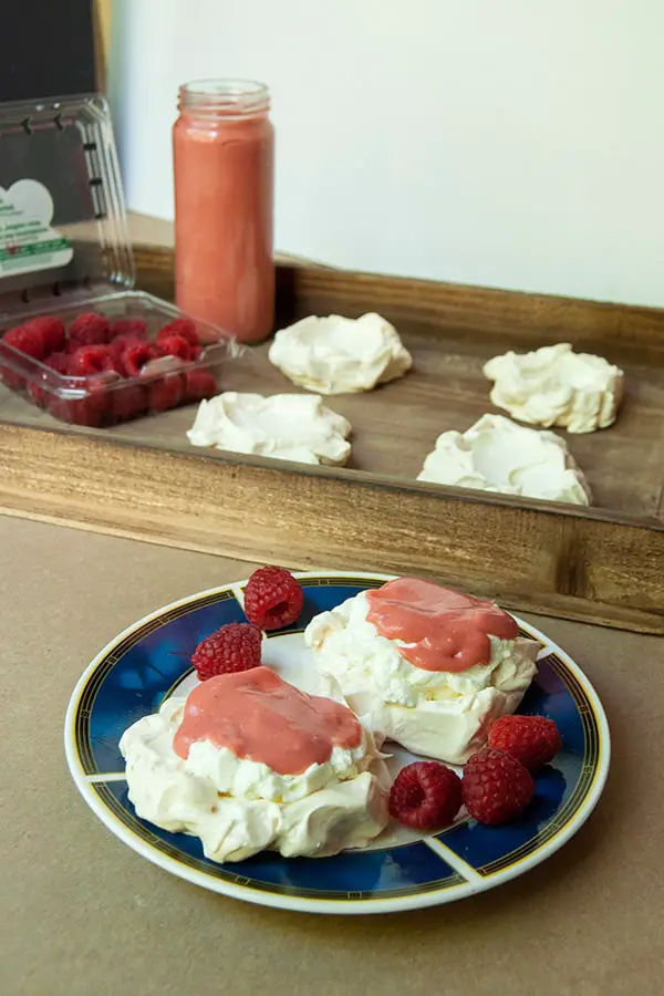 Pavlova with lemongrass infused cream and strawberry curd.
