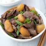 Beef with Daikon Radish is an easy Japanese weeknight meal. It's best if you make it ahead of time, so the daikon can soak up all the great flavors of the sauce.
