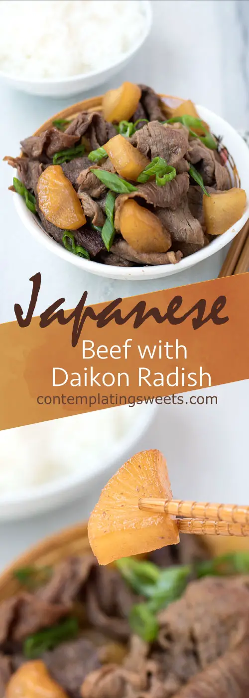 Beef with Daikon Radish is an easy Japanese weeknight meal. It's best if you make it ahead of time, so the daikon can soak up all the great flavors of the sauce.