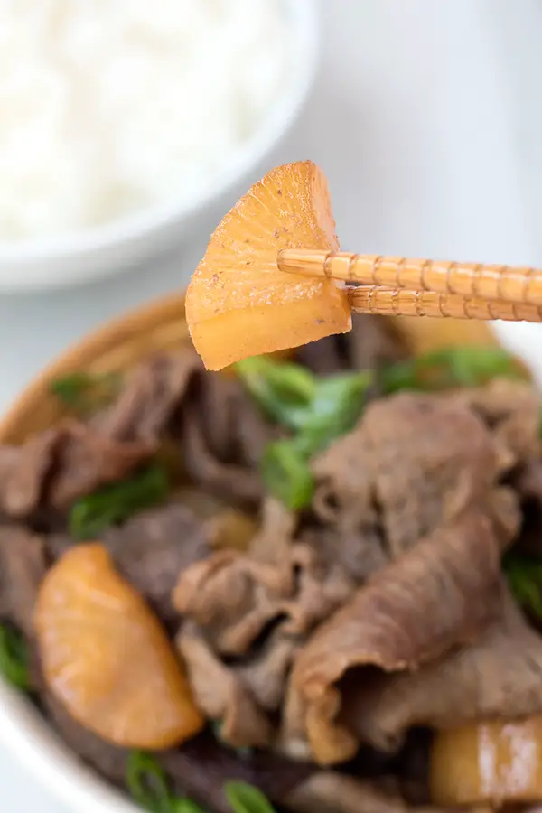 Close up of daikon radish with beef with daikon radish bowl in background. Japanese daikon recipes