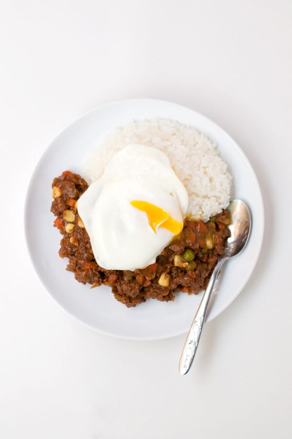 Keema Curry with rice and fried egg. An easy ground beef recipe.