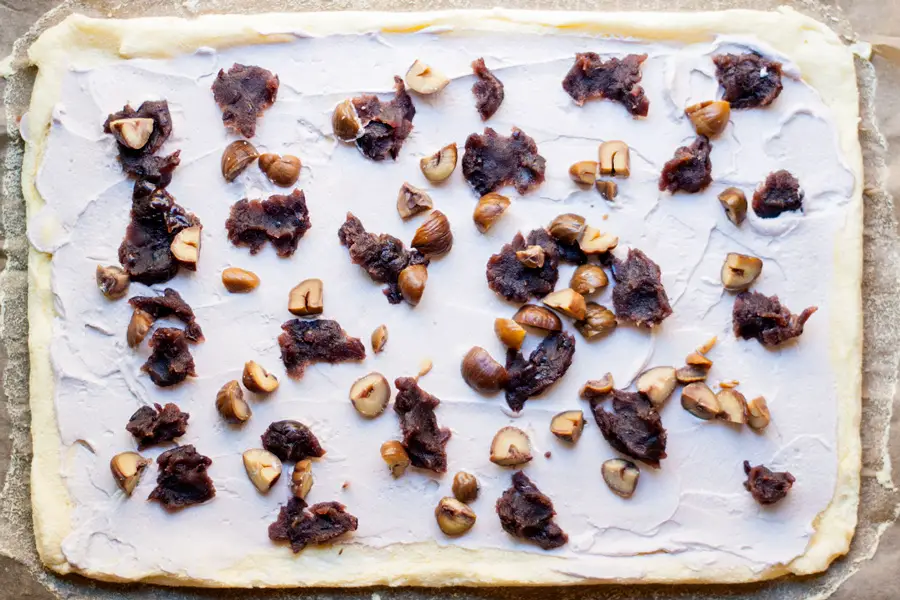 Japanese roll cake with red bean paste and chestnuts