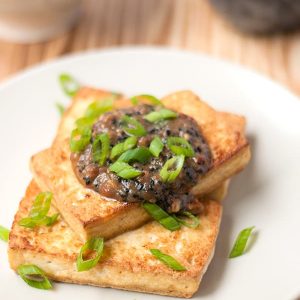 Tofu steaks with miso pecan sauce (vegan+GF)
