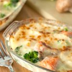 Salmon Gratin with Creamy Mushroom, Broccoli, and Mozzarella Cheese