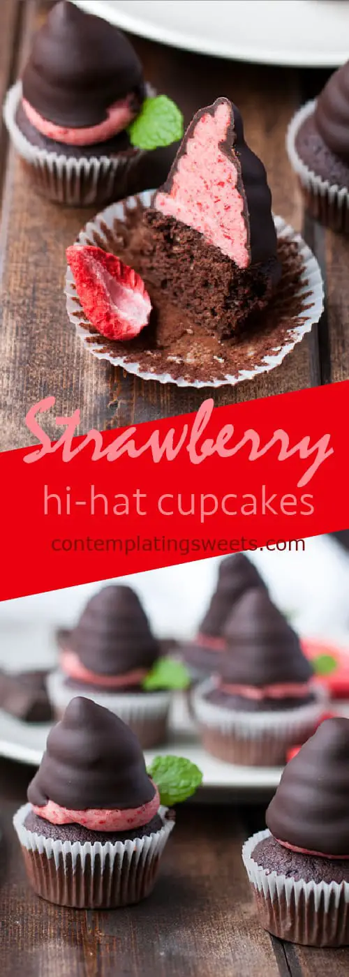 "Chocolate dipped strawberry" hi-hat cupcakes- a play on the classic romantic treat, the buttercream uses freeze dried strawberries to get its beautiful pink hue and intense strawberry flavor. 