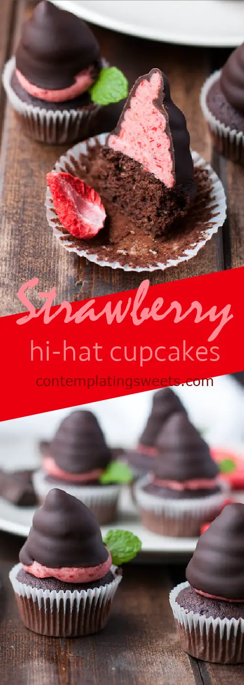 "Chocolate dipped strawberry" hi-hat cupcakes- a play on the classic romantic treat, the buttercream uses freeze dried strawberries to get its beautiful pink hue and intense strawberry flavor.