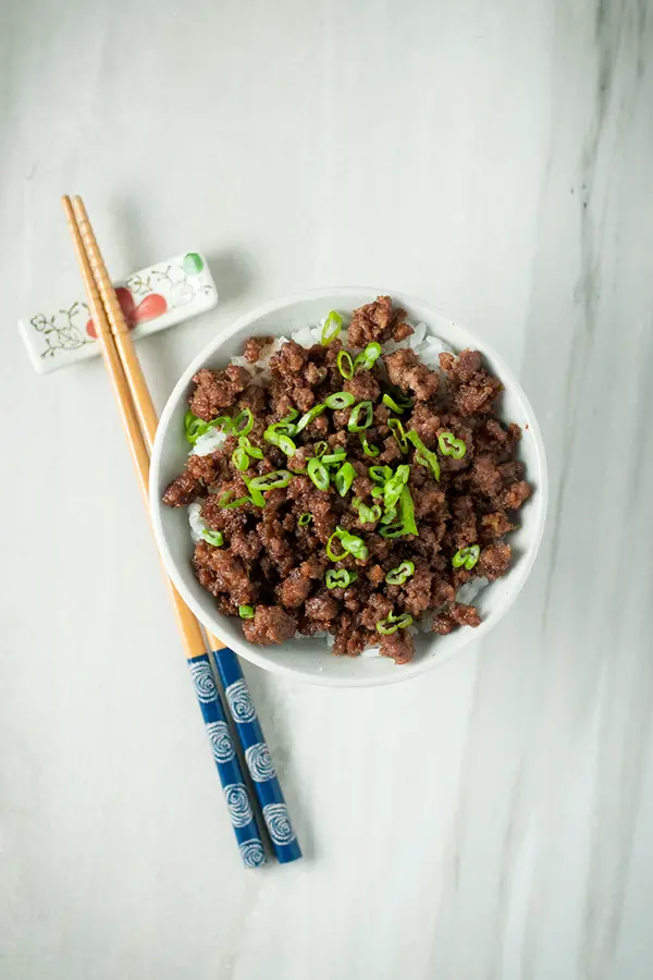 Beef Soboro- Ground beef is flavored with a delicious Japanese sauce, and eaten over hot rice with an egg on top.