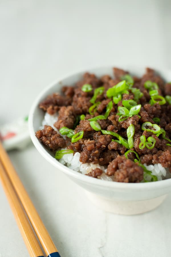 Beef Soboro- Ground beef is flavored with a delicious Japanese sauce, and eaten over hot rice with an egg on top.