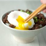 Beef Soboro- Ground beef is flavored with a delicious Japanese sauce, and eaten over hot rice with an egg on top.