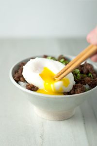 Beef Soboro- Ground beef is flavored with a delicious Japanese sauce, and eaten over hot rice with an egg on top.