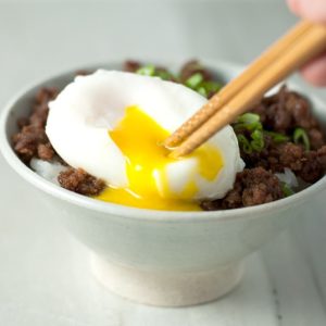 Beef Soboro- Ground beef is flavored with a delicious Japanese sauce, and eaten over hot rice with an egg on top.