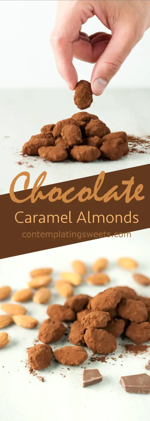 Chocolate covered caramel almonds- roasted almonds are covered with a crunchy caramelized shell, dipped in milk chocolate, and dusted with cocoa powder.