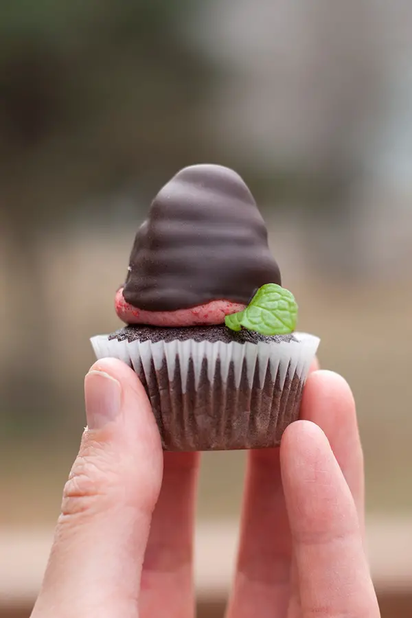 "Chocolate dipped strawberry" hi-hat cupcakes- a play on the classic romantic treat, the buttercream uses freeze dried strawberries to get its beautiful pink hue and intense strawberry flavor.