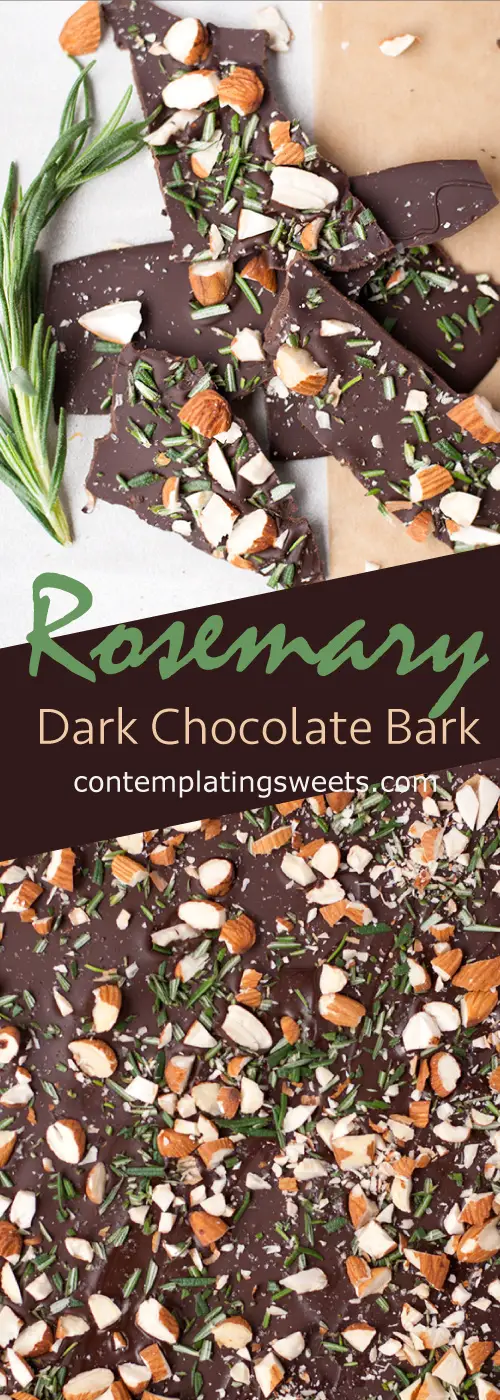 Rosemary Bark- This ultra thin dark chocolate rosemary bark is loaded with sea salt, roasted almond pieces, and chopped fresh rosemary.