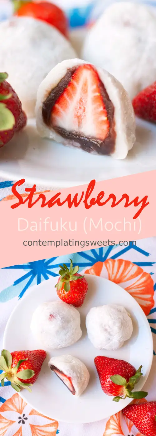 Strawbery Mochi (Daifuku)- a delicious Japanese mochi dessert. A whole strawberry is covered in a layer of red bean paste and wrapped in mochi. 