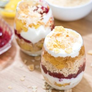 Yogurt and Cereal parfait with fruit jelly- This super easy breakfast parfait comes together in a snap. Just a little prep work the night before means a special breakfast the next morning.