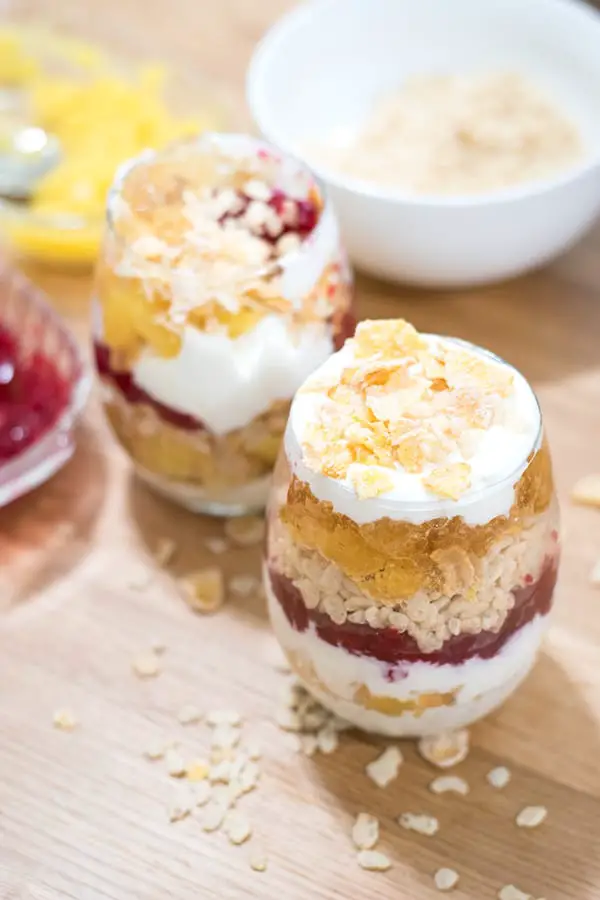 Yogurt and fruit parfait with fruit jelly- This super easy breakfast parfait comes together in a snap. Just a little prep work the night before means a special breakfast the next morning. 