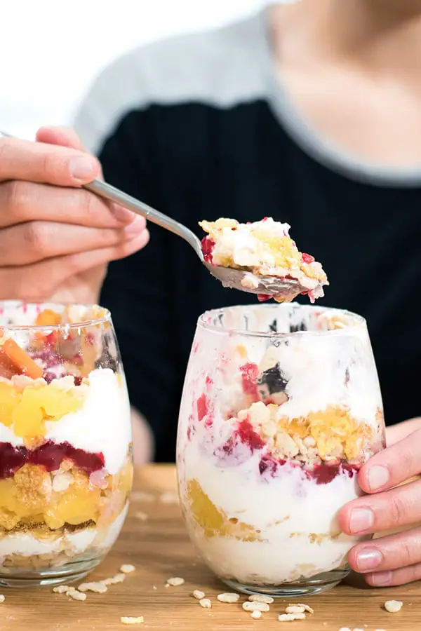 Yogurt and fruit parfait with fruit jelly- This super easy breakfast parfait comes together in a snap. Just a little prep work the night before means a special breakfast the next morning. 
