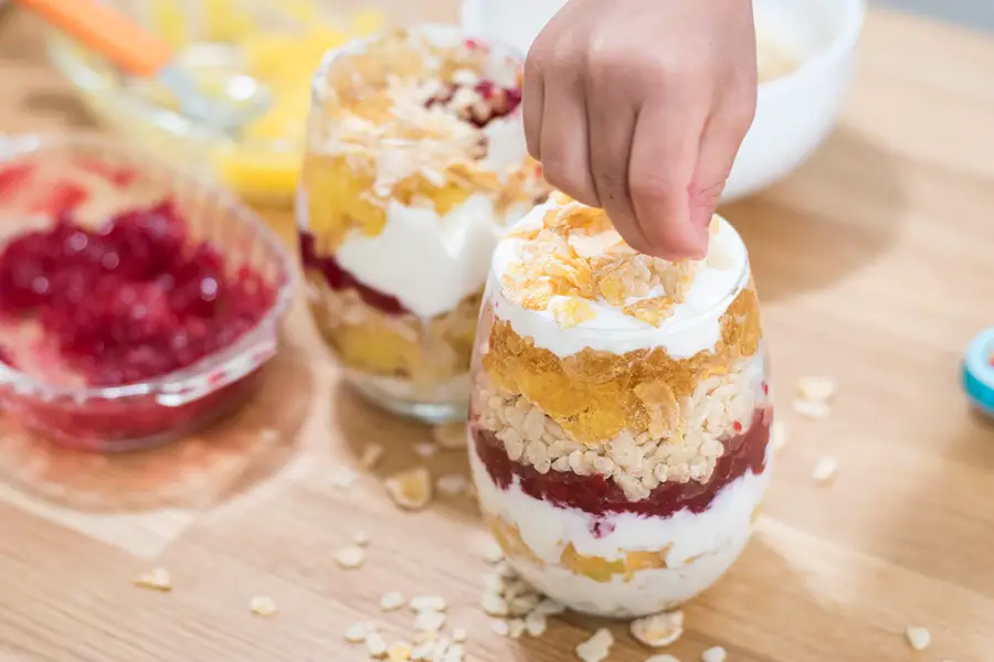 Yogurt and fruit parfait with fruit jelly- This super easy breakfast parfait comes together in a snap. Just a little prep work the night before means a special breakfast the next morning. 