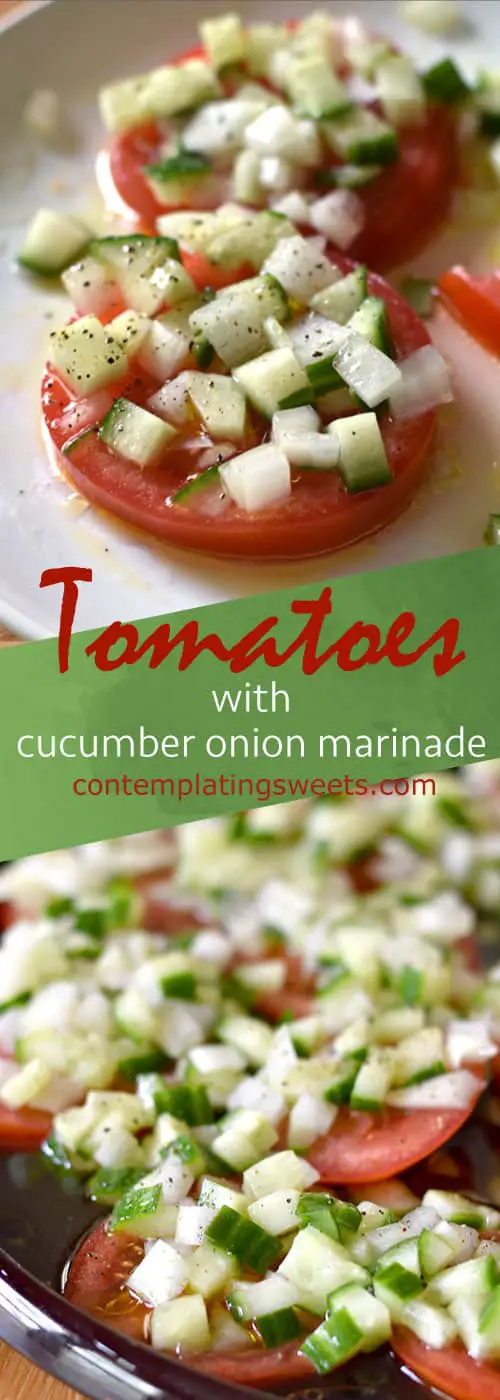 Sliced Tomato Salad with Cucumber Onion Marinade- Sliced tomatoes topped with a chopped cucumbers and onion in a tangy marinade. This sliced tomato salad is so fresh and comes together in a snap.
