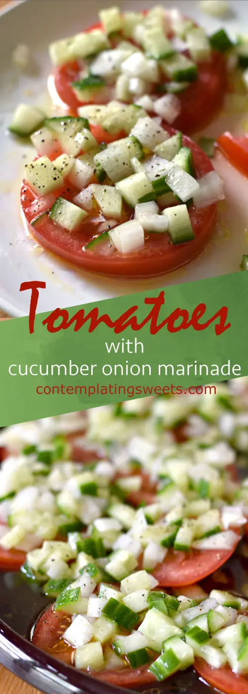 Sliced Tomato Salad with Cucumber Onion Marinade- Sliced tomatoes topped with a chopped cucumbers and onion in a tangy marinade. This sliced tomato salad is so fresh and comes together in a snap.