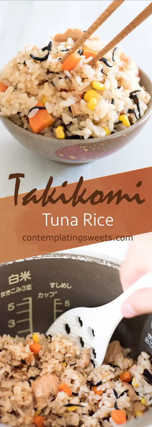 Tuna takikomi rice, or takikomi gohan, is a Japanese seasoned rice dish with veggies and tuna. Easy, filling, and nutritious, all you need to do is prep the ingredients, throw them in the rice cooker, and press start!