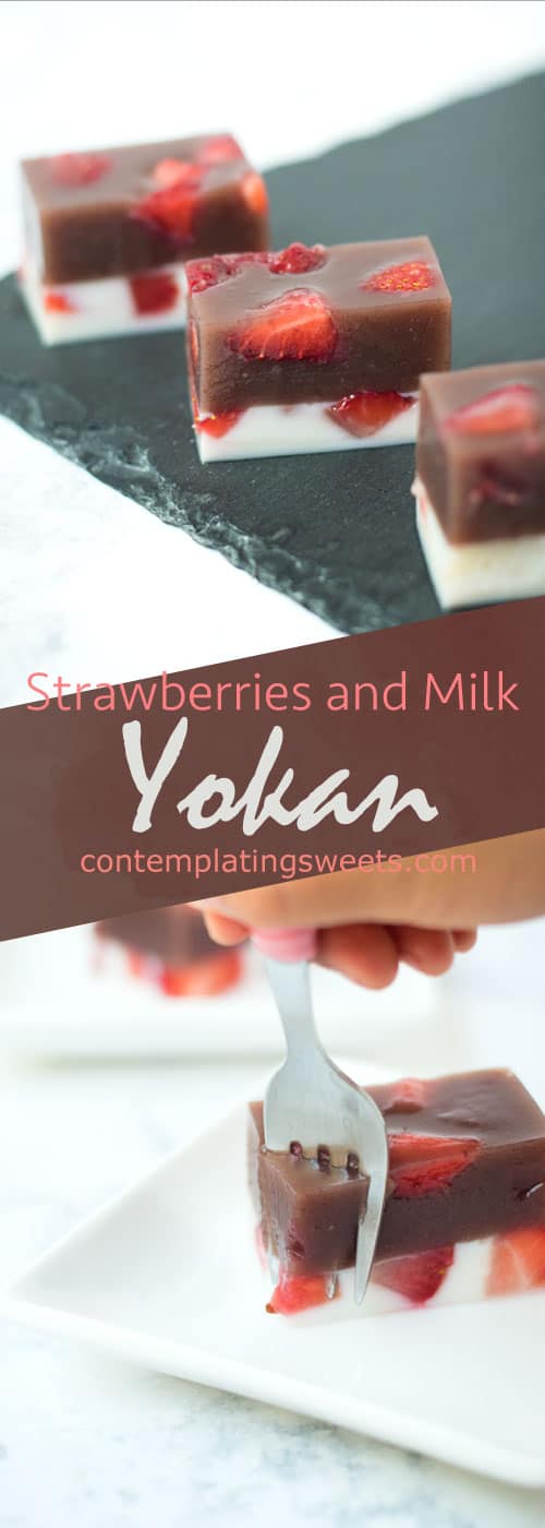Strawberry and Milk Yokan- A layer of milk kanten and a layer of mizu yokan, studded with strawberry chunks, makes for a beautiful and refreshing summer treat.