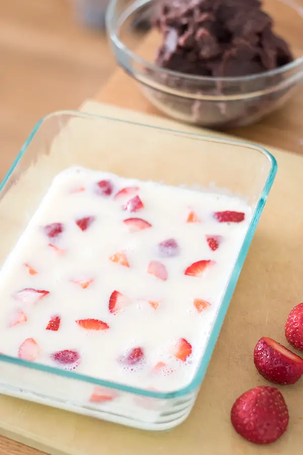 Layer of milk kanten with strawberry pieces in it. Red bean paste in background. 