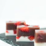 Strawberry and Milk Yokan- A layer of milk kanten and a layer of mizu yokan, studded with strawberry chunks, makes for a beautiful and refreshing summer treat.