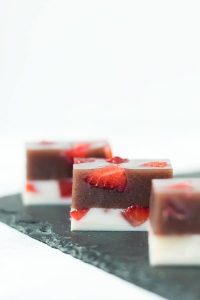 Strawberry And Milk Yokan- A Layer Of Milk Kanten And A Layer Of Mizu Yokan, Studded With Strawberry Chunks, Makes For A Beautiful And Refreshing Summer Treat.