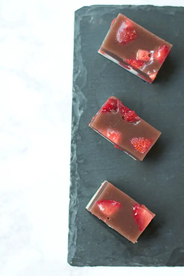 Top View Of Strawberry And Milk Yokan Rectangle Slices. 