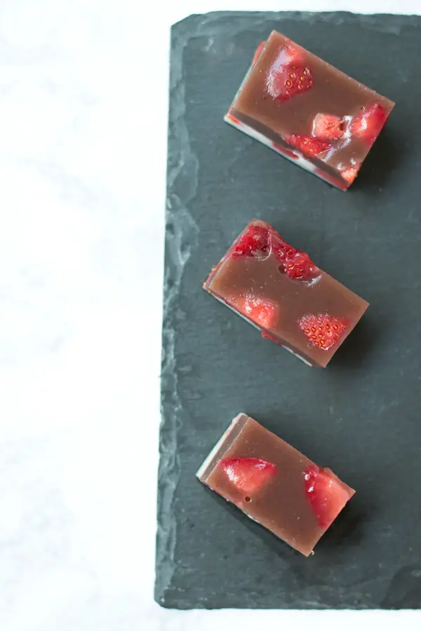 top view of Strawberry and Milk Yokan rectangle slices.