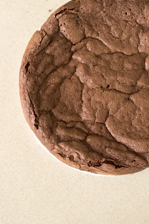 Top view of unsliced french chocolate cake, or gateau chocolat. 