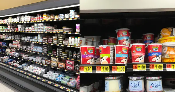 Grocery aisle where you can buy Horizon brand organic yogurt.
