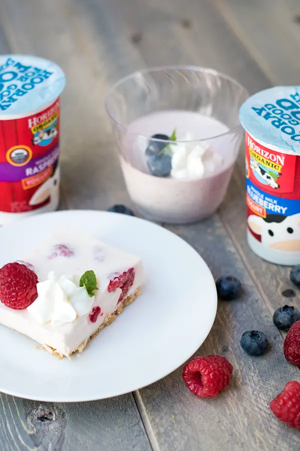 Raspberry no bake cheesecake bar with blueberry no bake cheesecake cup.