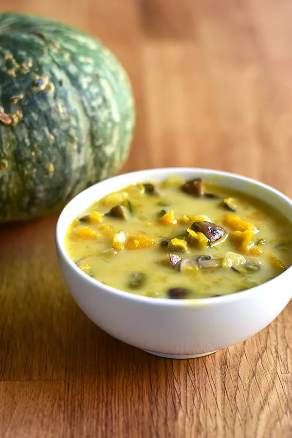 Bowl of Japanese pumpkin soup with mushrooms and onions.