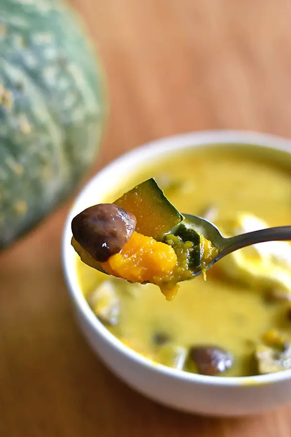 Close up of a spoonful of kabocha squash soup. 