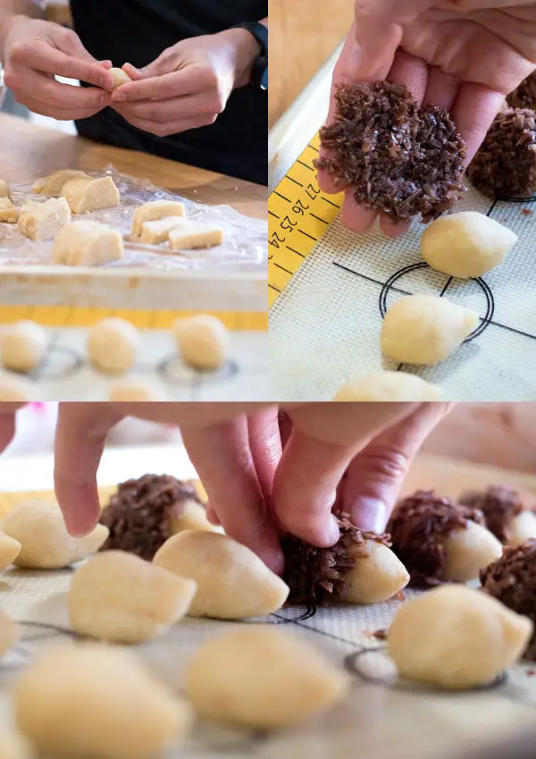 Collage of steps in making cookies. Shape cookie dough, cover with coconut mixture, and shape around it.