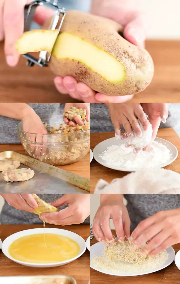 Collage of steps to make japanese croquette. Peeling potato, shaping, flour, eggs, and panko coating.