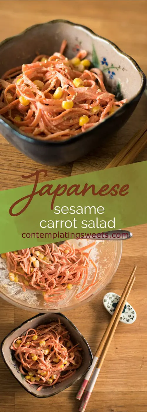 Japanese sesame carrot salad: Carrots and corn come together with a sesame mayo dressing to make a tangy, roasty, and smooth salad. The dressing is customizable to your tastes, and is delicious on salads and great for dipping.