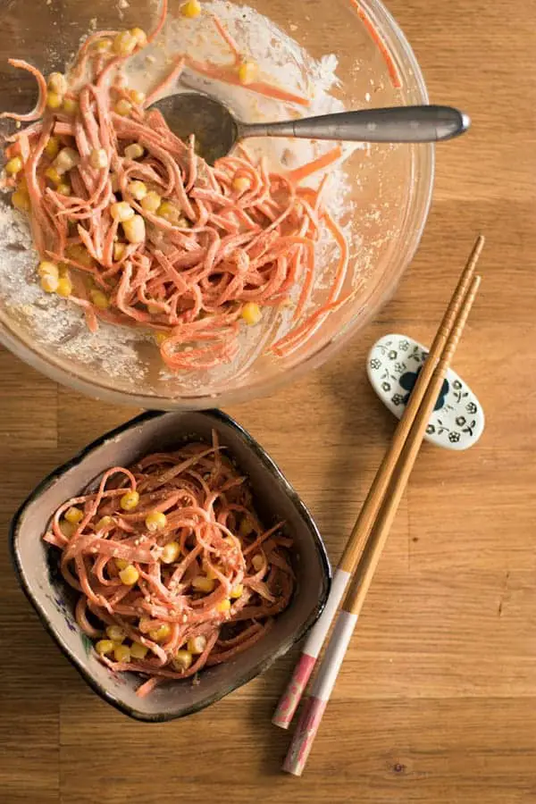 Asian carrot salad with sesame dressing and Japanese mayo.