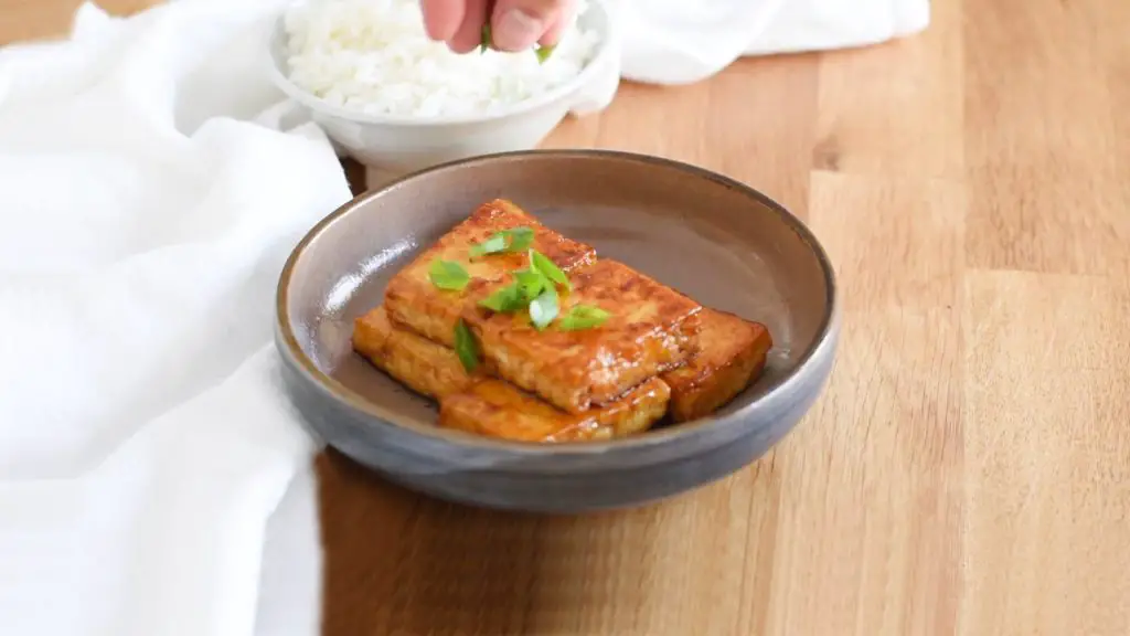 Japanese style Tofu Steak with a butter glaze garnished with green onions.